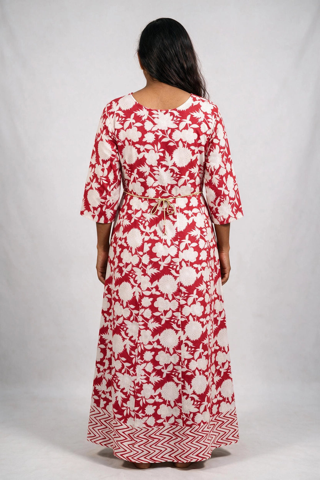 Pink Cotton Anarkali Gown with Geometric & Floral Print, Golden Piping and Dori Detail for Women