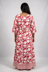 Pink Cotton Anarkali Gown with Geometric & Floral Print, Golden Piping and Dori Detail for Women