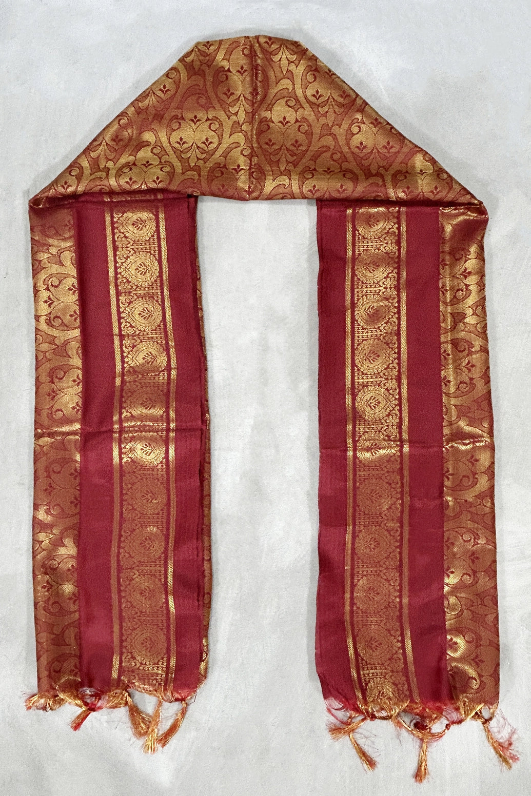 Maroon Poly Silk Ponnadai Jacquard Temple Shawl with Zari Pattern & Tassels for Pooja, Weddings & Functions