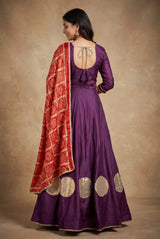 Purple Designer Navratri Chaniya Choli with Gold Circle Motif and Flared Skirt