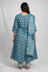Teal Blue Cotton 3-Piece Kurti Set with Floral Print, Elastic Pants and Matching Dupatta