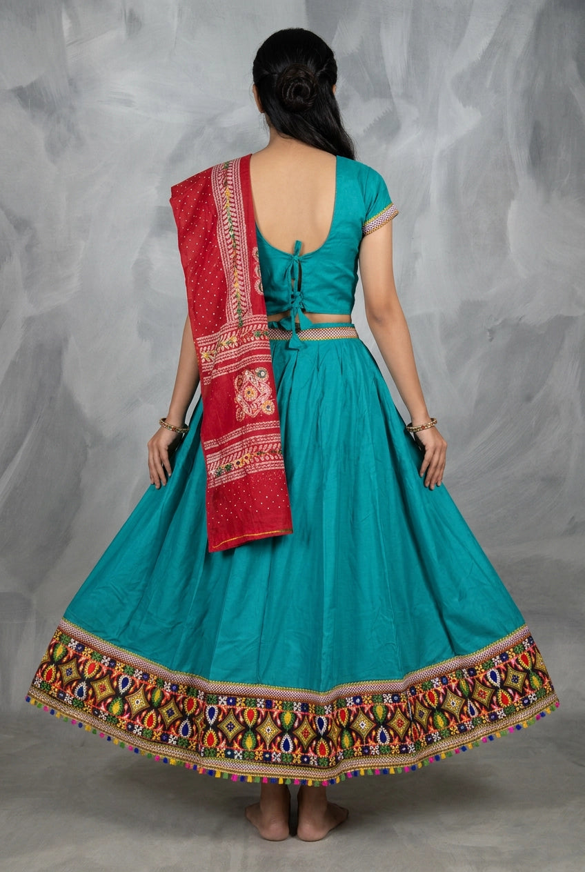 Teal Blue Navratri Chaniya Choli with Kutchi Mirror Work Choli & Flared Skirt Set for Women