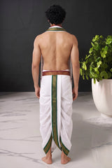 Off-White Cotton Panchakacham Dhoti Set with Angavastram (Unstitched) and Ganga Jamuna Border