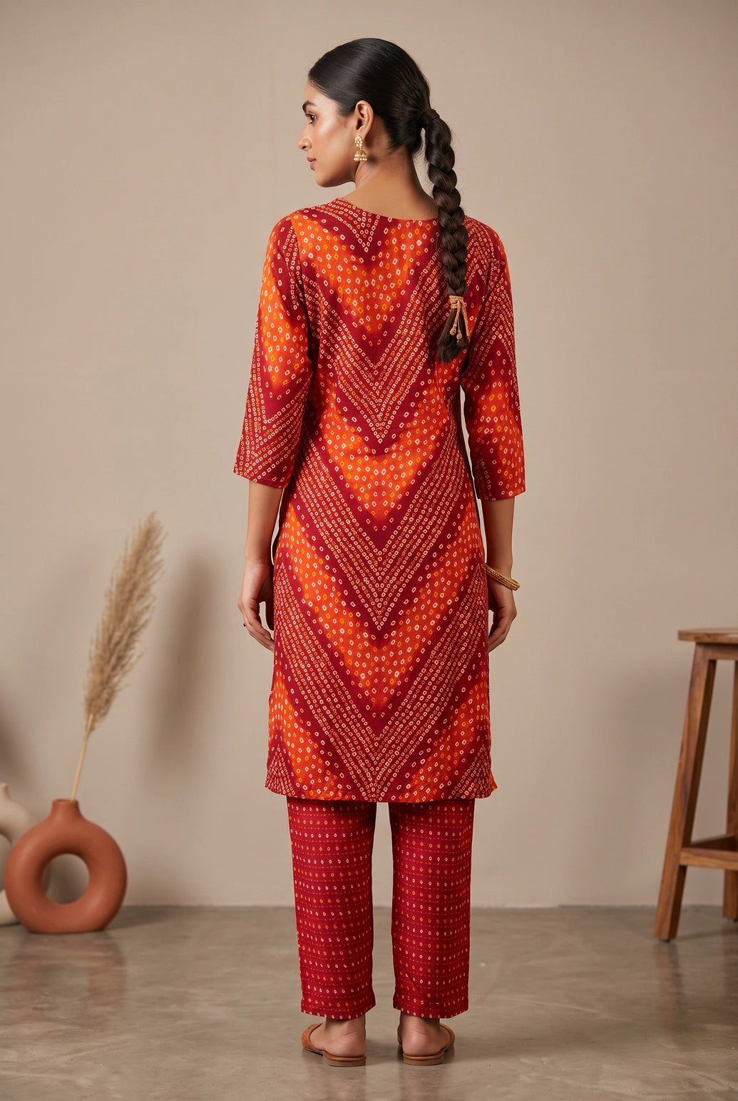 Maroon Rayon 2-Piece Geometric Foil Print Kurti with Elastic Pant Set for Women