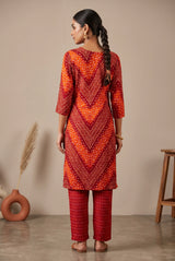 Maroon Rayon 2-Piece Geometric Foil Print Kurti with Elastic Pant Set for Women