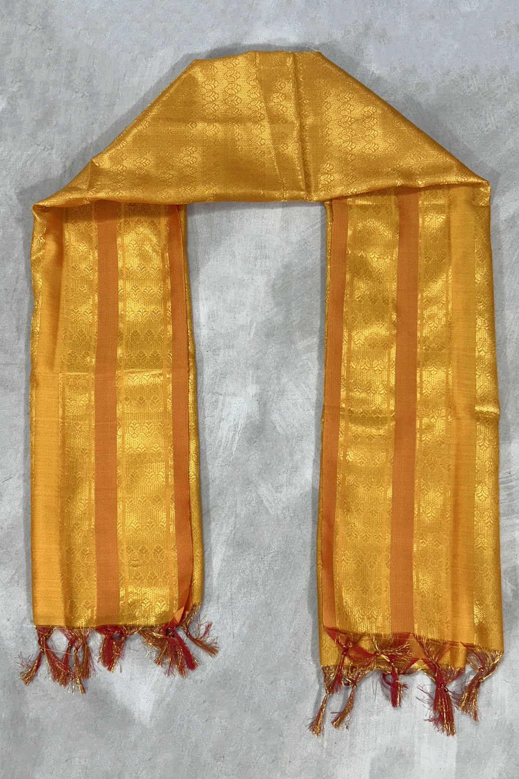 Yellow Ponnadai Poly Silk Jacquard Temple Shawl with Tassels | 2 Meter Traditional South Indian Function Dupatta