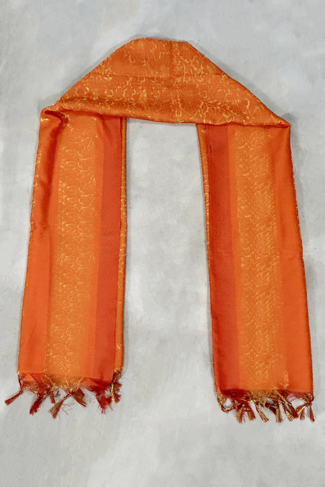 Orange Ponnadai Poly Silk Jacquard Shawl with Tassels for Temple, Pooja, Weddings & Functions (2 Meter)