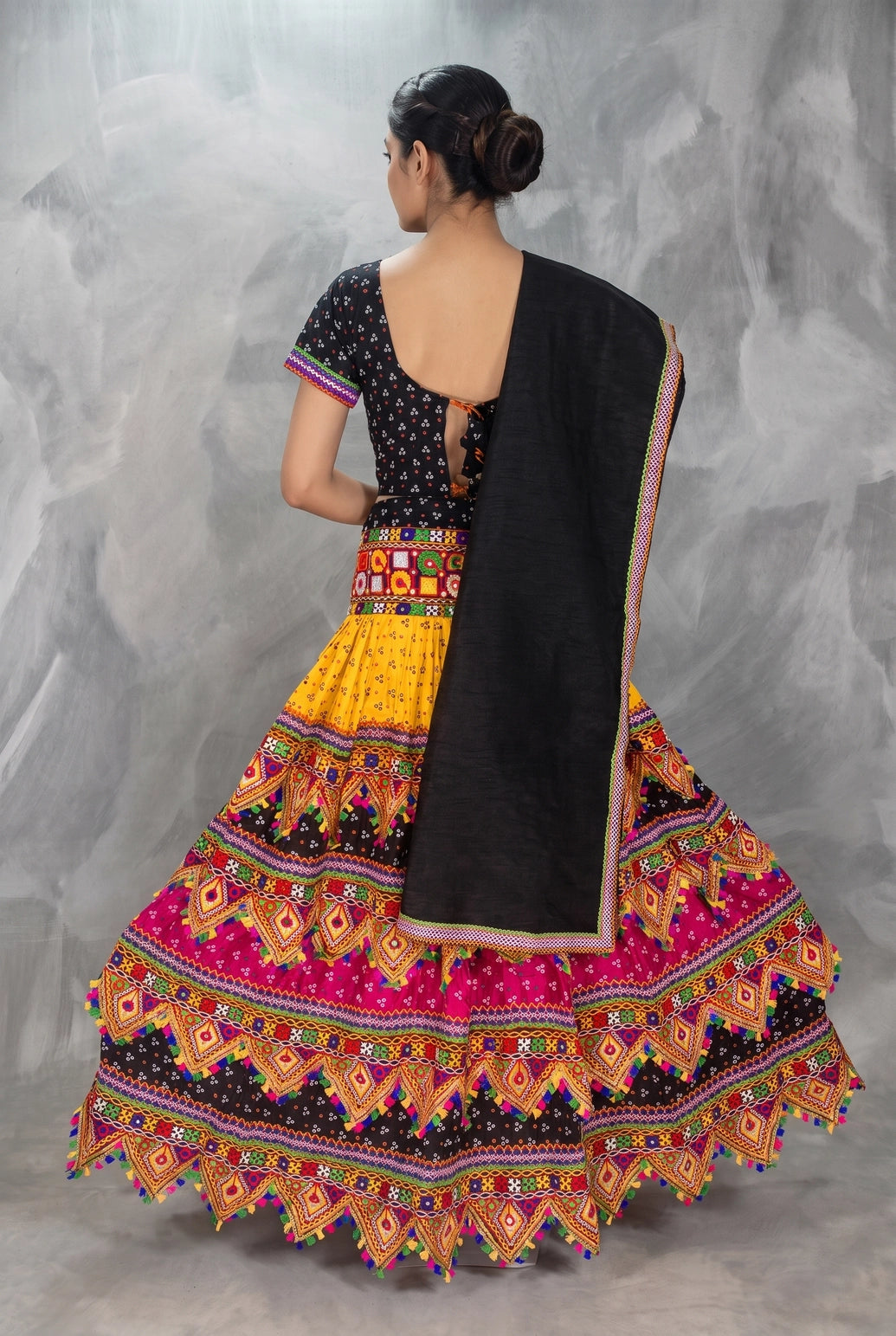 Designer Navratri Chaniya Choli with Kutchi Mirror Work & Bandhani Lehenga, Multi Color & Black