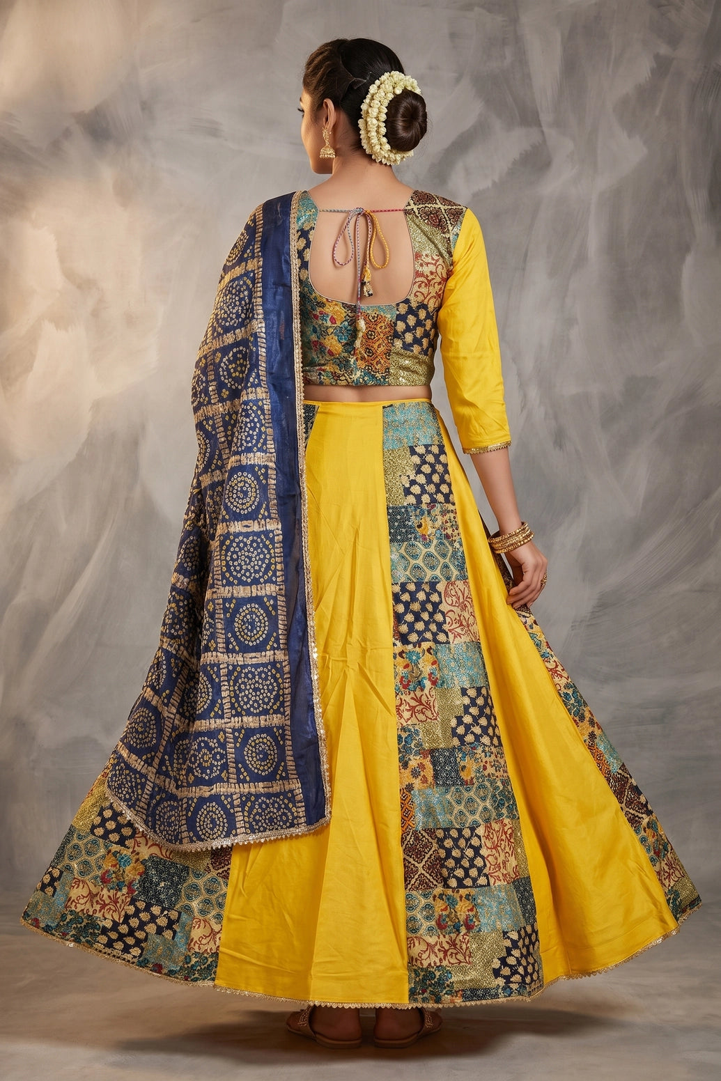 Yellow & Navy Blue Navratri Chaniya Choli with Patola Patchwork Print Choli and Flared Skirt with Dupatta