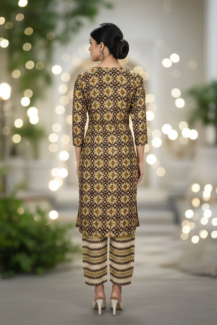 Mustard Yellow Rayon Kurti Set with Elastic Pant, Foil Geometric Print, Round Neck, 3/4 Sleeves