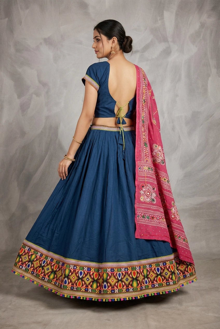 Navy Blue Navratri Designer Chaniya Choli with Mirror Work Choli and Kutchi Border Flared Skirt