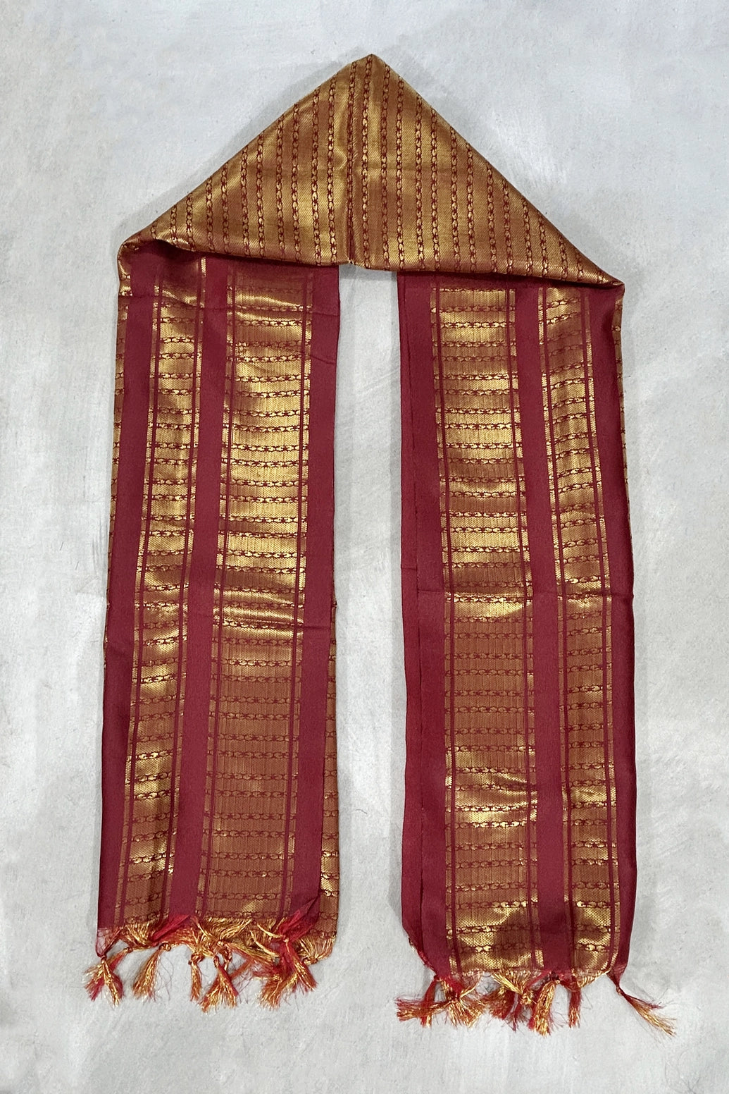 Maroon Ponnadai Poly Silk Jacquard Temple Shawl with Zari Pattern & Tassels for Pooja, Weddings & Gifts