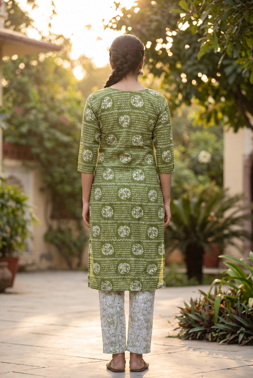 Olive Green Rayon 2-Piece Kurti Set with Elastic Pant, Round Neck 3/4 Sleeves