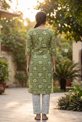 Olive Green Rayon 2-Piece Kurti Set with Elastic Pant, Round Neck 3/4 Sleeves