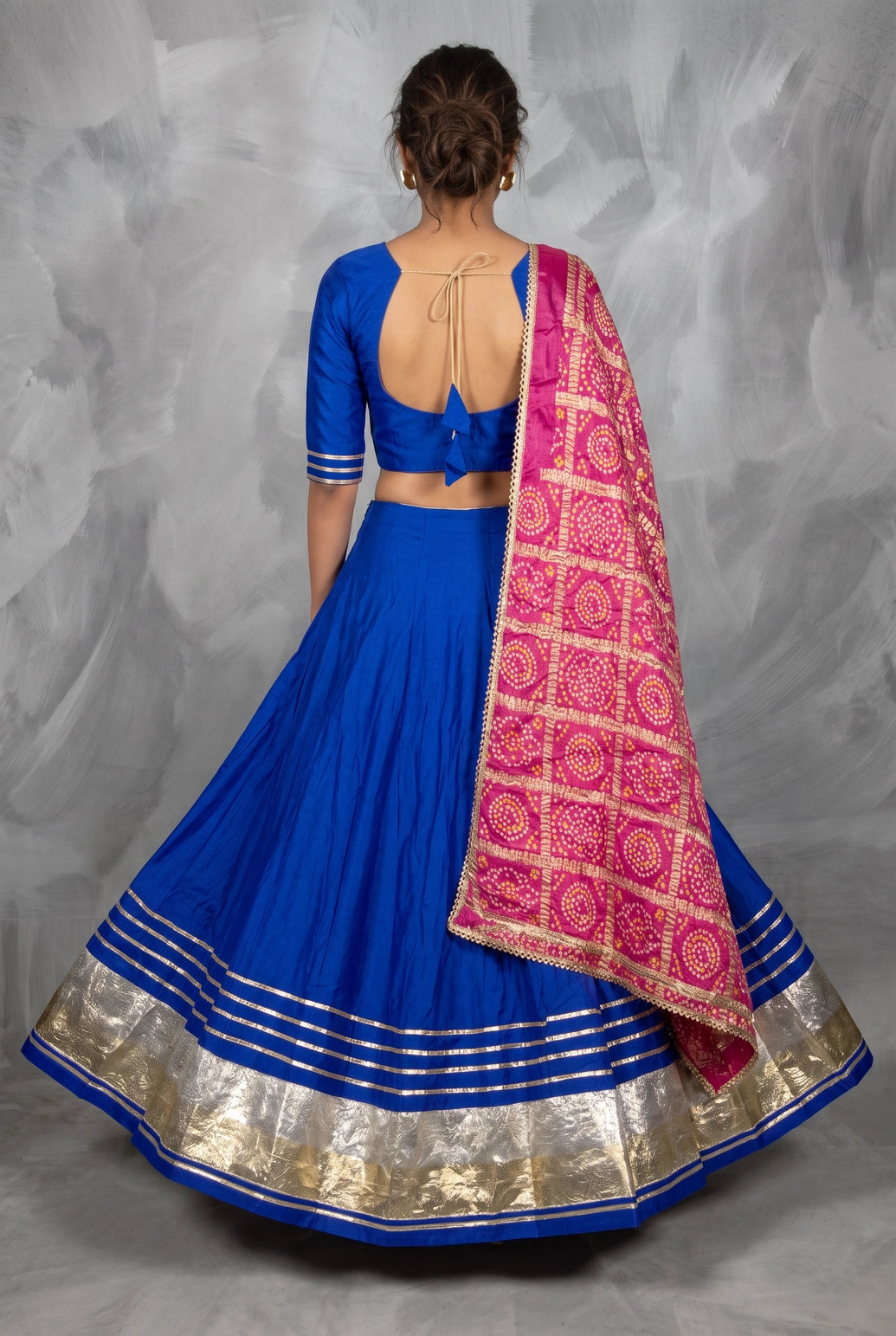 Royal Blue Designer Navratri Chaniya Choli with Gold & Silver Tissue Border and Silk Lehenga