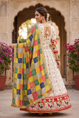 Red Designer Navratri Chaniya Choli with Folk-Art Border and Flared Skirt for Festive Evening Wear