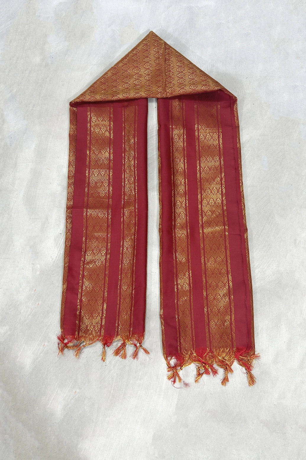Maroon Ponnadai Poly Silk Jacquard Shawl with Zari Pattern and Tassels for Temple and Functions