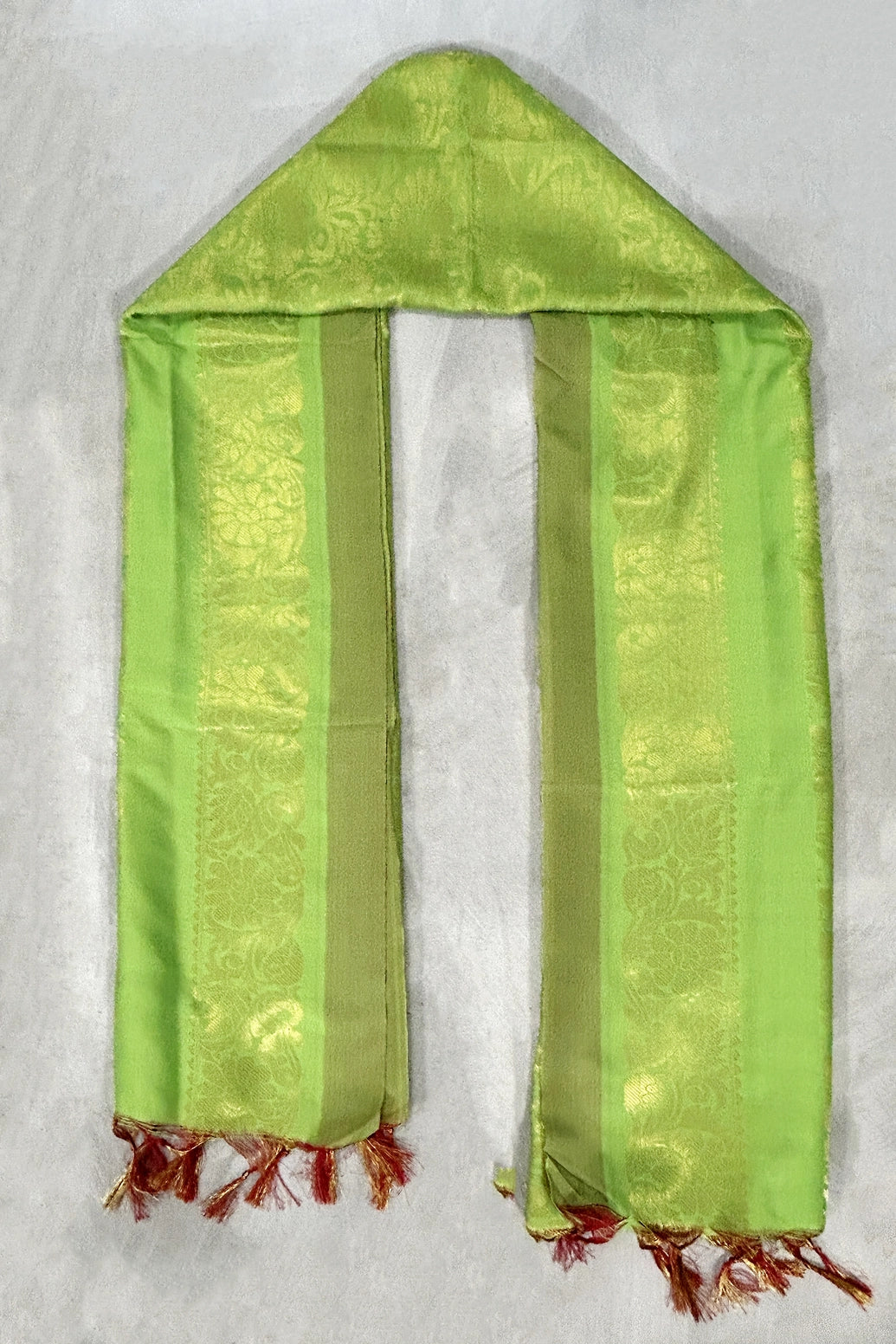 Parrot Green Ponnadai Poly Silk Jacquard Temple Shawl with Tassels for Pooja, Weddings & Functions