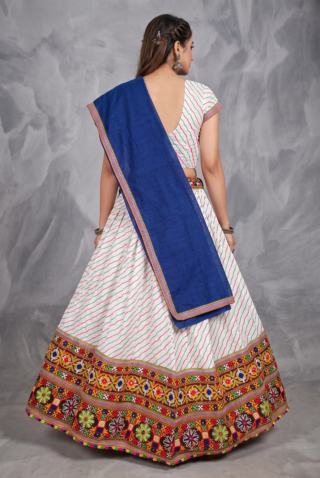 Designer Navratri Chaniya Choli with Lehriya Print & Kutchi Mirror Border for Party Wear (White & Blue)