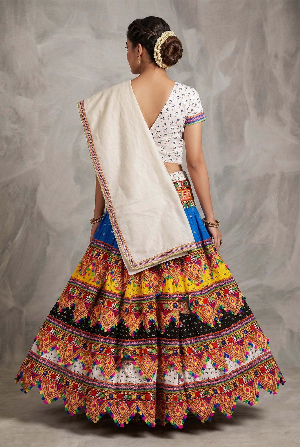 Multi Color & White Navratri Designer Chaniya Choli with Kutchi Mirror Work and Bandhani Lehenga