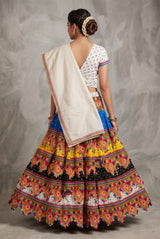 Multi Color & White Navratri Designer Chaniya Choli with Kutchi Mirror Work and Bandhani Lehenga