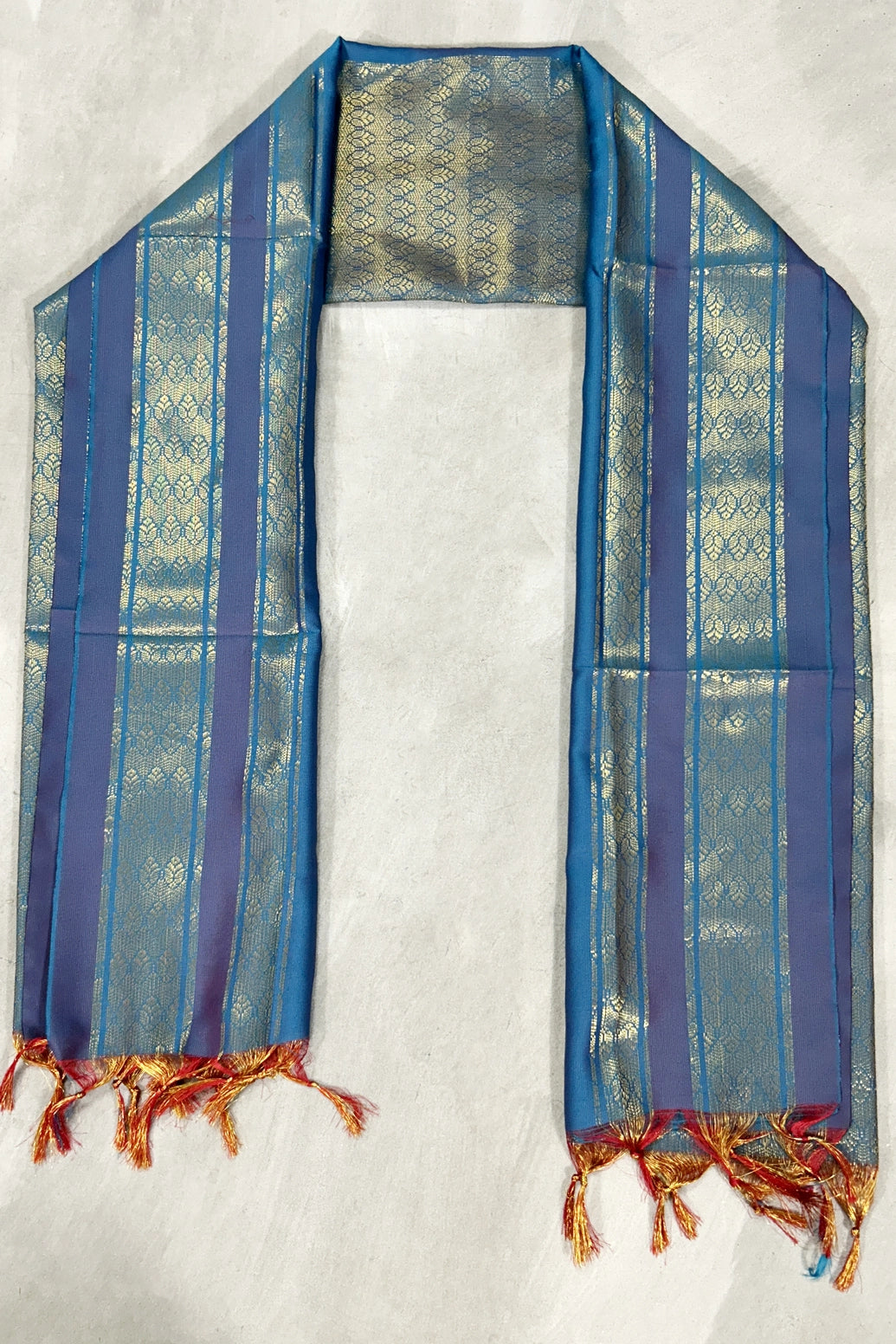 Blue Ponnadai Poly Silk Jacquard Temple & Function Shawl with Zari Pattern and Tassels