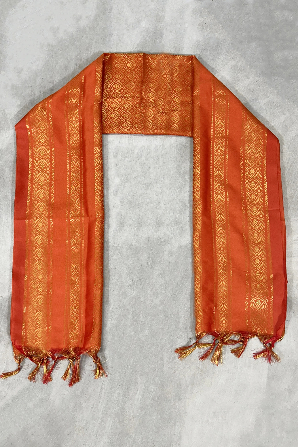 Orange Ponnadai Poly Silk Jacquard Temple Shawl with Zari Pattern and Tassels | 2 Meter Traditional South Indian Dupatta