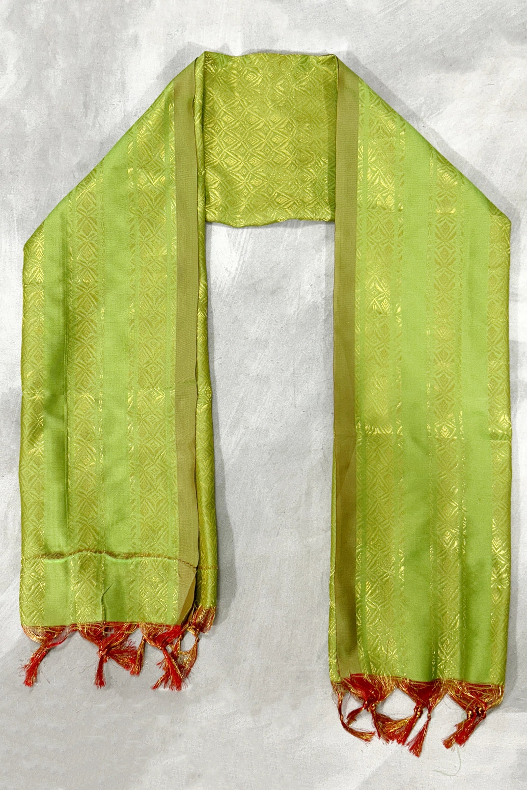 Parrot Green Ponnadai Poly Silk Jacquard Shawl with Zari Pattern & Tassels for Temple, Pooja & Functions