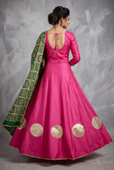 Rani Pink Designer Navratri Chaniya Choli with Gold Circle Motif and Flared Skirt