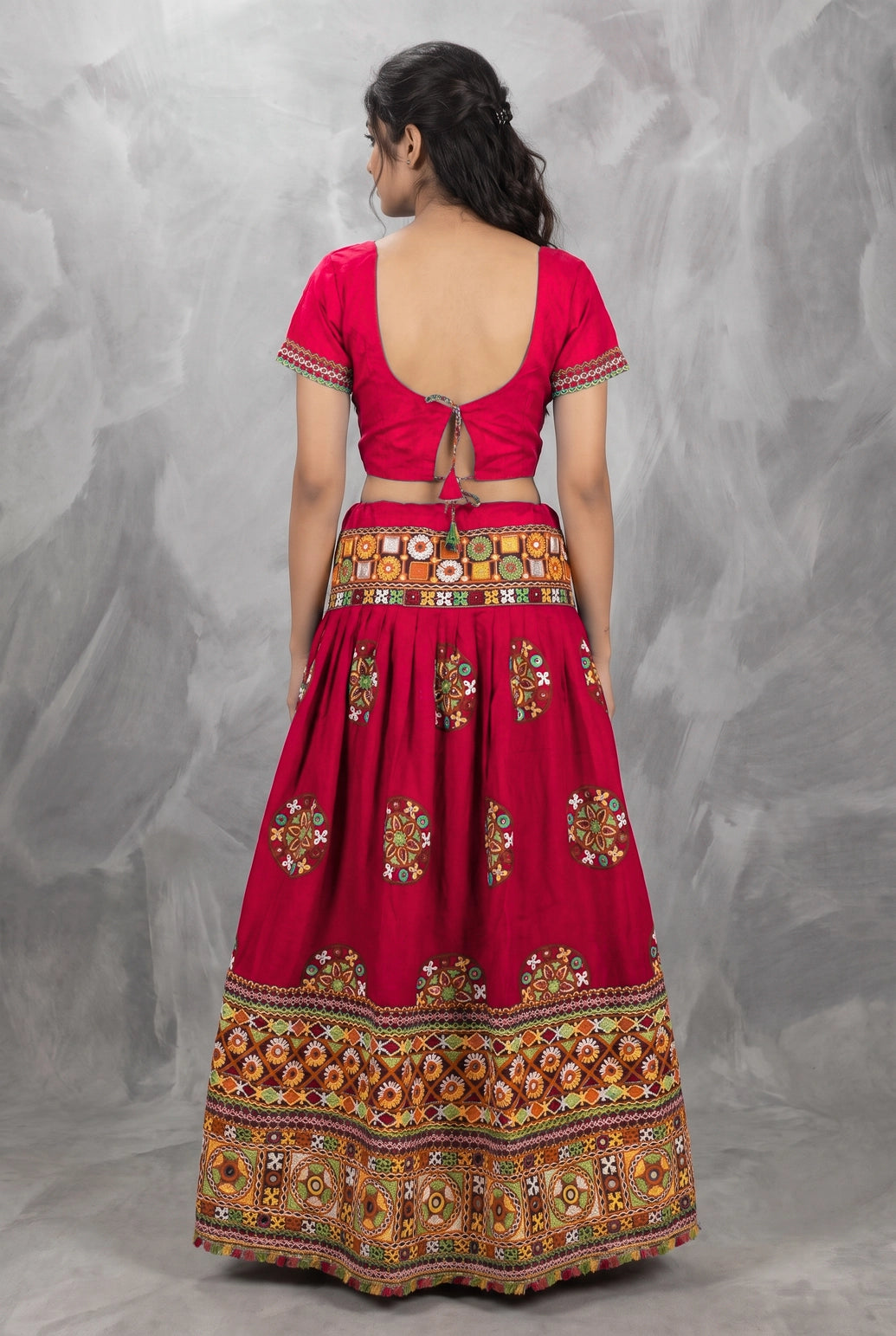 Designer Navratri Chaniya Choli with Heavy Kutchi Mirror Work Choli and Plain Dupatta, Maroon & Yellow