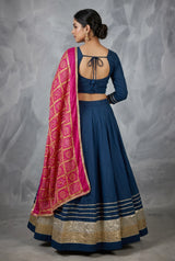 Navy Blue Designer Navratri Chaniya Choli with Gold & Silver Tissue Border and Plain Silk Lehenga Dupatta