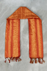 Orange Ponnadai Poly Silk Jacquard Temple Shawl with Zari Design & Tassels for Pooja, Weddings, Functions