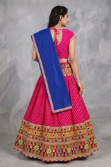 Rani Pink & Blue Navratri Chaniya Choli with Lehriya Print and Kutchi Mirror Border, Party Wear Ethnic Set
