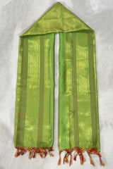 Parrot Green Ponnadai Poly Silk Jacquard Temple Shawl with Zari Pattern & Tassels for Functions, 2 Meter