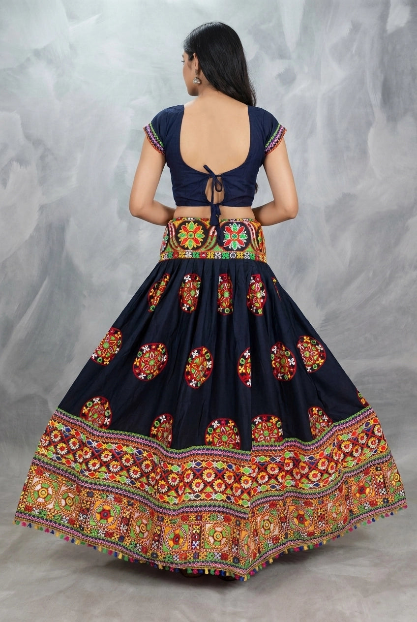 Designer Navratri Chaniya Choli Set in Black & Green with Kutchi Mirror Embroidery and Flared Skirt