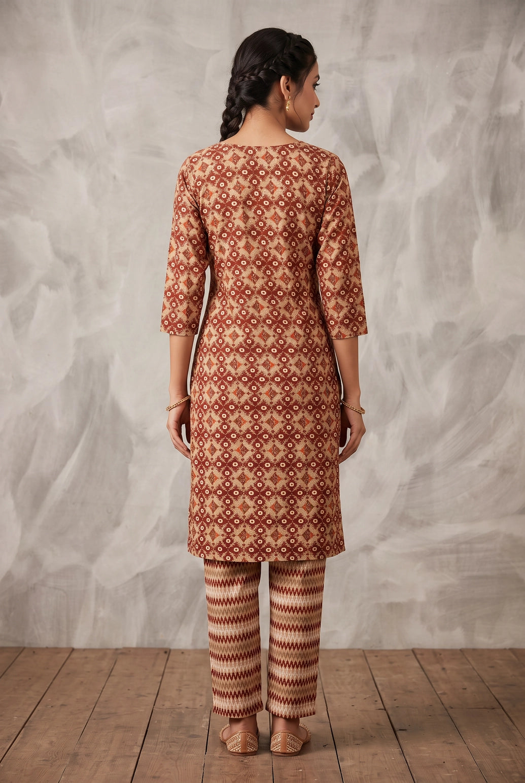 Rust Orange Rayon Kurti Set with Elastic Pant, Geometric Diamond Foil Print, Round Neck, 3/4 Sleeves