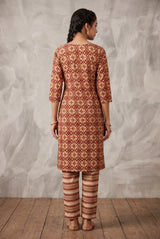 Rust Orange Rayon Kurti Set with Elastic Pant, Geometric Diamond Foil Print, Round Neck, 3/4 Sleeves