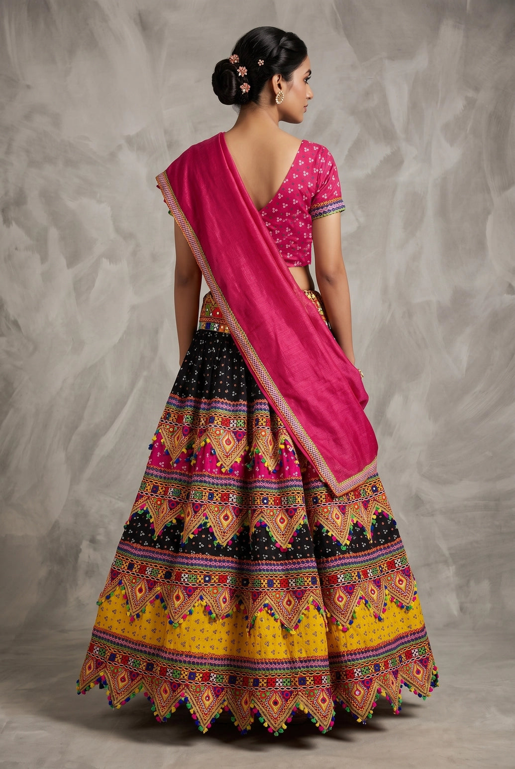 Designer Navratri Chaniya Choli Set with Heavy Kutchi Mirror Work & Bandhani Lehenga in Multi Pink