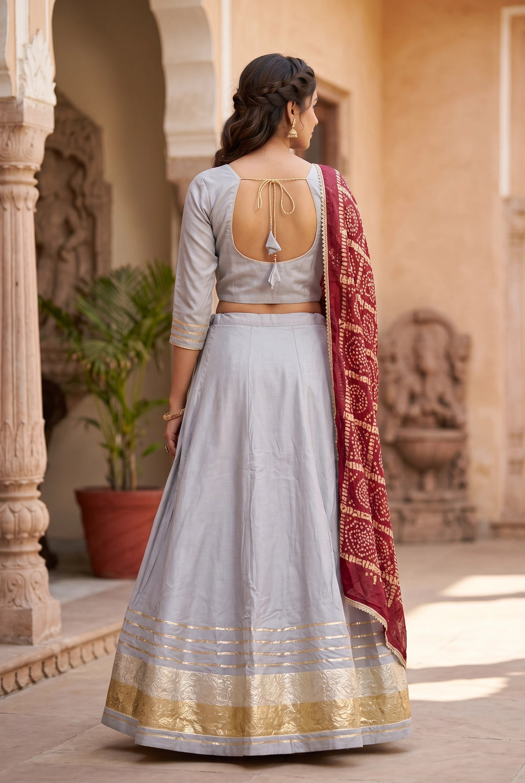 Designer Navratri Chaniya Choli with Gold-Silver Tissue Border and Plain Silk Lehenga - Grey Party Wear