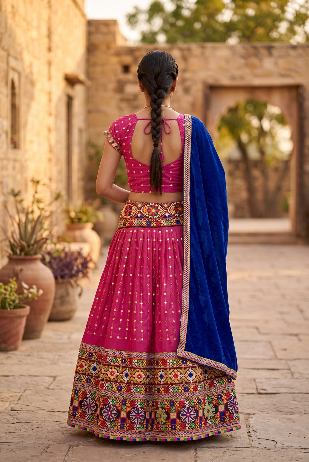 Rani Pink Navratri Chaniya Choli with Kutchi Mirror Work Designer Lehenga Choli Set