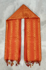 Orange Ponnadai Poly Silk Jacquard Temple Shawl with Zari Pattern & Tassels | 2 Meter Traditional South Indian Dupatta