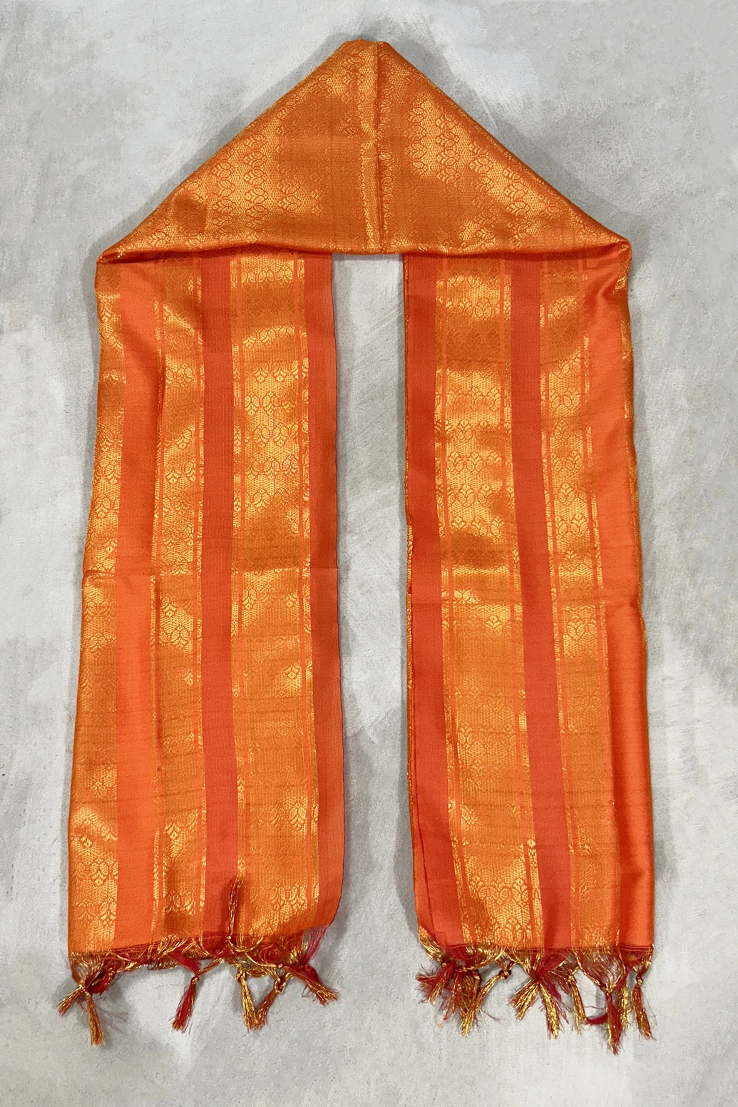 Orange Ponnadai Poly Silk Jacquard Temple & Wedding Shawl with Zari Pattern and Tassels for Traditional Functions