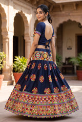 Designer Navratri Chaniya Choli with Heavy Kutchi Mirror Embroidery and Contrast Plain Skirt, Black & White