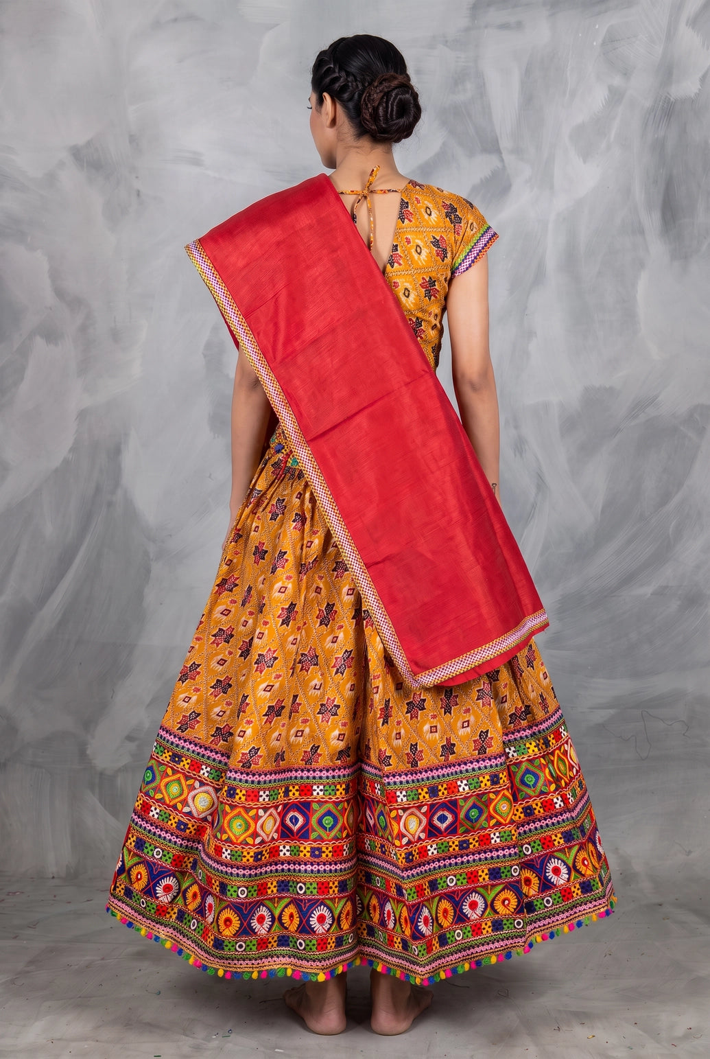 Mustard Yellow & Red Designer Navratri Chaniya Choli with Camel Block Print and Matching Dupatta