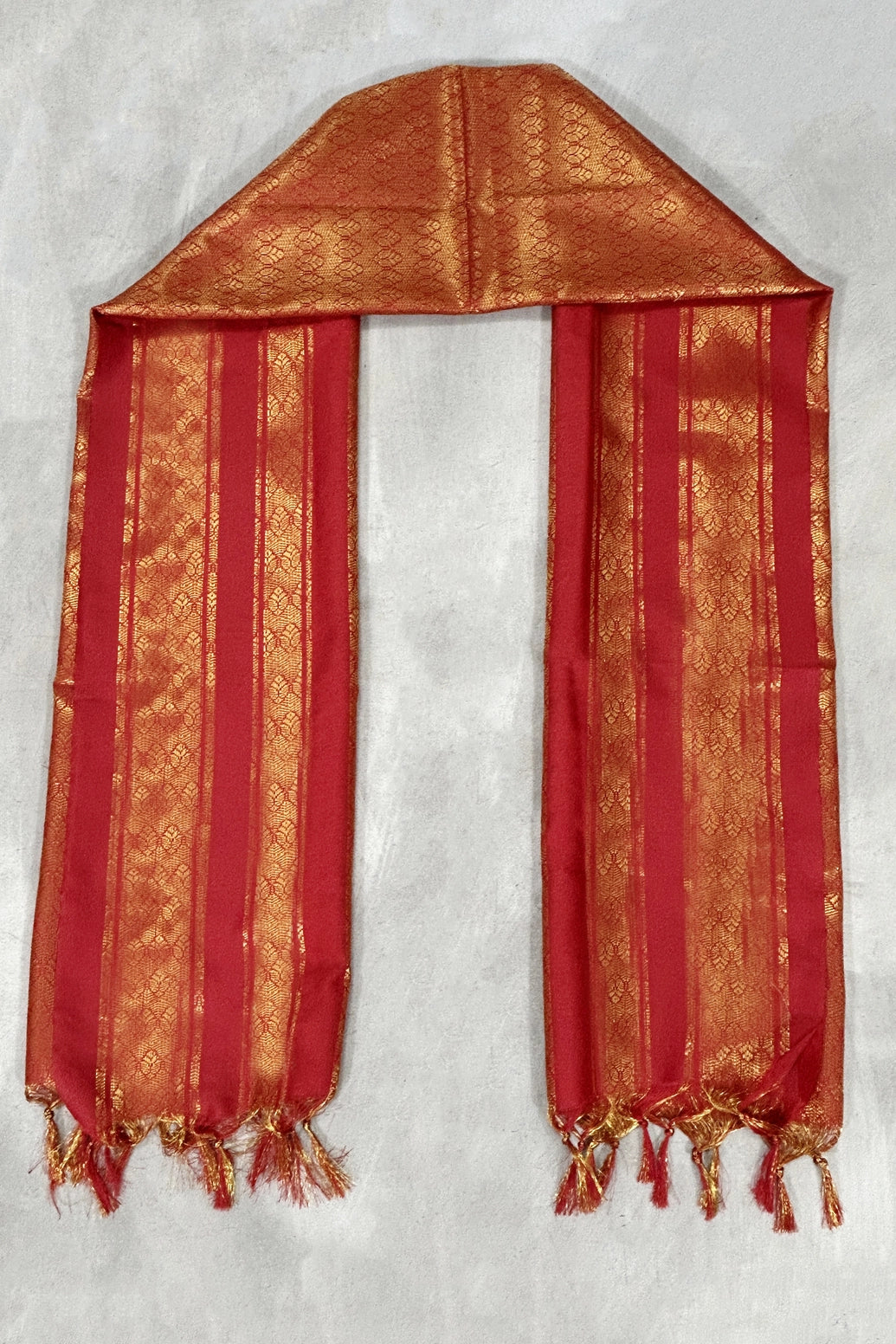 Red Ponnadai Poly Silk Jacquard Temple Shawl with Zari Pattern and Tassels | Traditional South Indian Dupatta for Pooja