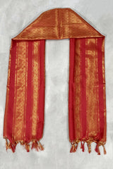Red Ponnadai Poly Silk Jacquard Temple Shawl with Zari Pattern and Tassels | Traditional South Indian Dupatta for Pooja