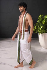 Off-White Cotton Panchakacham Dhoti Set with Angavastram (Unstitched) and Ganga Jamuna Border