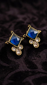 Navy Blue Emerald-Style Square Stud Earrings with Gold-Tone Frame and Crystal Drops