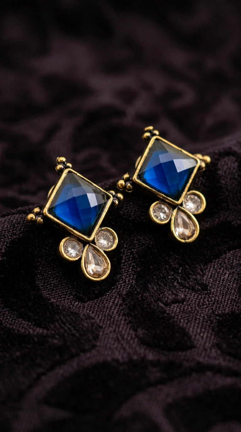 Navy Blue Emerald-Style Square Stud Earrings with Gold-Tone Frame and Crystal Drops