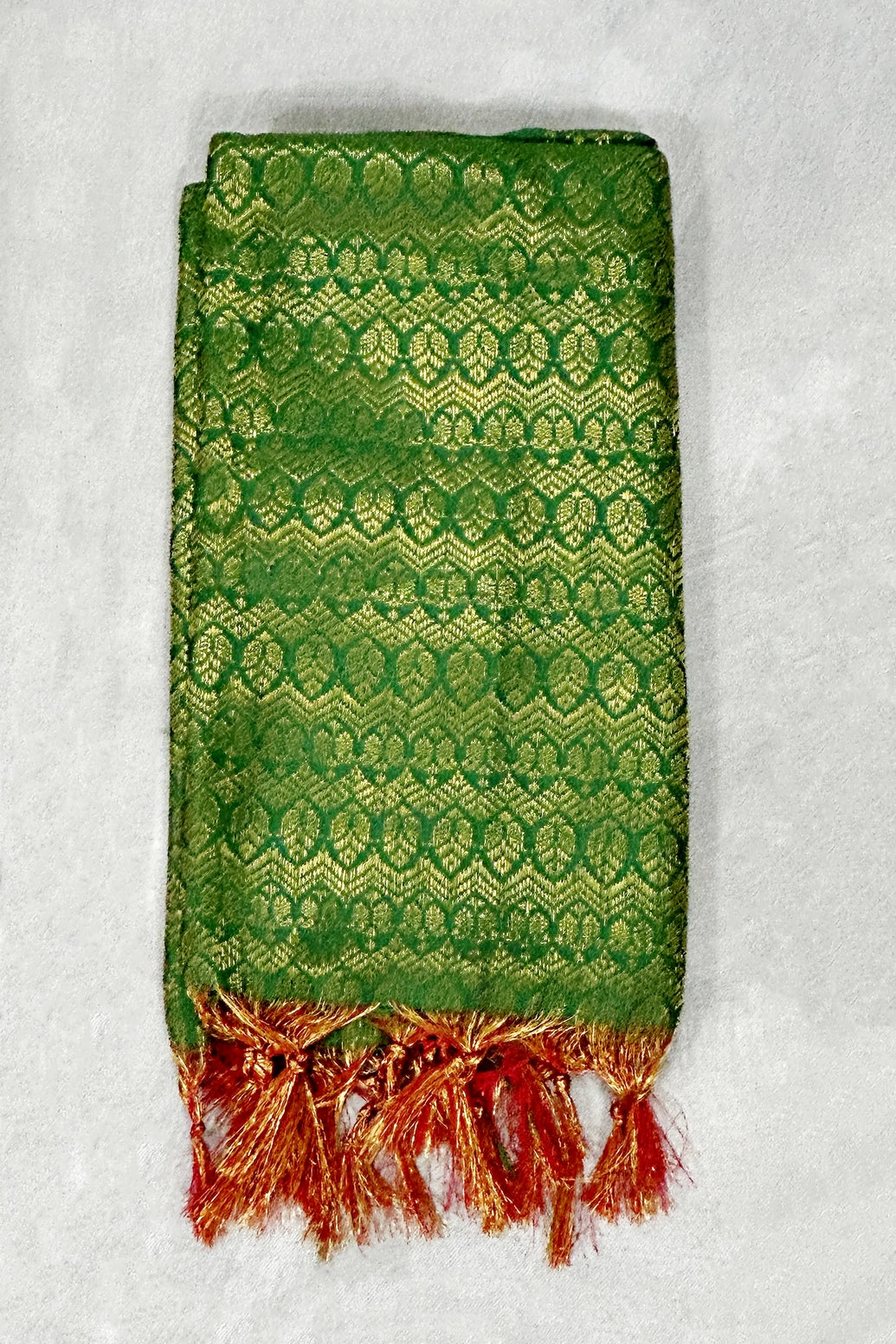 Green Ponnadai Poly Silk Jacquard Temple & Function Shawl with Zari-Style Pattern and Tassels